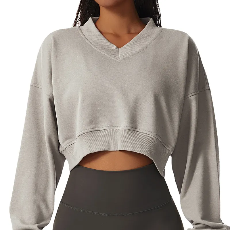 Oversized V Neck Design Long Sleeve Crop Top Sports Wear Women Yoga Top Terry Fabric Gym Fitness Sweatshirt For Custom Logo