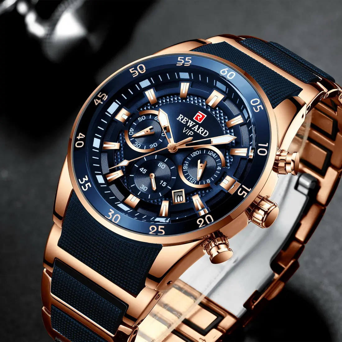 リワードRD81011M高級クロノグラフカスタムロゴビジネスクォーツ腕時計メンズブラス3atmハンドウォッチクロック