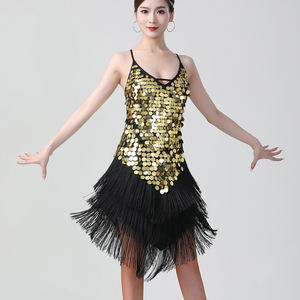Robe de performance de danse latine pour femme, sexy, à paillettes, à sequins et à franges, col en V, dos nu, à ourlet asymétrique, style nuisette - Product Image 1