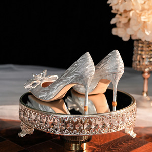 Nuevos Zapatos de Novia Plateados con Brillantina, Tacones Altos de Estilo Europeo-Americano con Punta en Pico y Cristales para Mujer, para Novia y Damas de Honor - Product Image 3