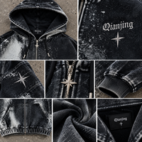 Sweat à capuche vintage délavé à fermeture éclair intégrale, coupe courte, ourlet brut, en coton denim tissé, poids lourd, imprimé graphique sur toute la surface, style streetwear