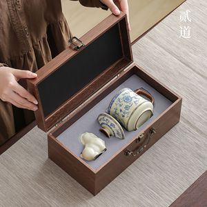 Ensemble de tasses à thé en porcelaine Ru Ware Lotus Scroll avec couvercle et infuseur, cadeau de bureau - Product Image 1