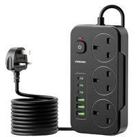 Multiprise industrielle noire standard britannique à 3 prises et 3 ports USB-C avec interrupteurs, pour table, avec prise britannique