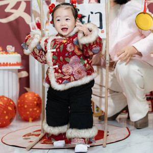 Girl's New Year Outfit Winter Thickened Chinese Style Two Piece Set For Baby Girls - Product Image 1