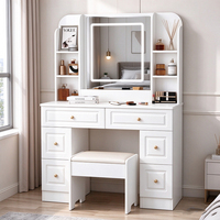 Coiffeuse moderne avec miroir LED, grands tiroirs de rangement, ensemble de table de maquillage avec tabouret pour chambre à coucher