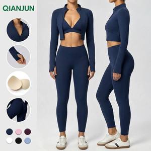Wholesale Activewear Jogger <strong>Leggings</strong> <strong>3</strong> Pcs Gym Fitness Sportswear Yoga Zipper Jacket Sports Bra Yoga Set for <strong>Women</strong> - Product Image 1