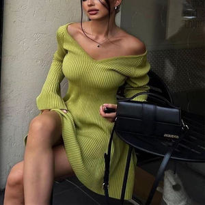 Abito <span class=keywords><strong>da</strong></span> <span class=keywords><strong>donna</strong></span> elegante a coste in maglia a-line Mini maglione con scollo a V stile Casual all'ingrosso per abbigliamento <span class=keywords><strong>da</strong></span> <span class=keywords><strong>sera</strong></span> di lusso autunnale - Product Image 6