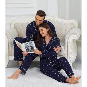 Ensemble de pyjamas pour couples en gros, manches longues, en viscose de bambou avec poches, tailles S à XXL, pour femmes et hommes, pyjamas assortis - Product Image 1