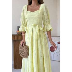 <b>Yellow</b> Embroidered Organza <b>Dress</b> Square Neck A-Line Vintage Breathable Evening <b>Dress</b> Natural Waistline - Product Image 1