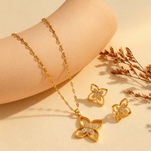 Set di Gioielli Punk in Rame con Zirconi a Quadrifoglio, Orecchini e Collana, Regalo per Matrimoni e Feste, Catena Resistente allo Sbiadimento - Product Image 1