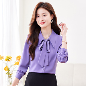 Women's Purple Satin Bow-Tie Blouse Long Sleeve Office Shirt Solid Color Fashion Top - Product Image 1