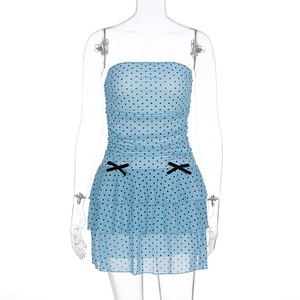 Abito estivo in stile europeo americano Sexy Top in vita anteriore dimagrante in maglia <span class=keywords><strong>maculata</strong></span> con fiocco decorativo in Chiffon <span class=keywords><strong>gonna</strong></span> aderente - Product Image 4