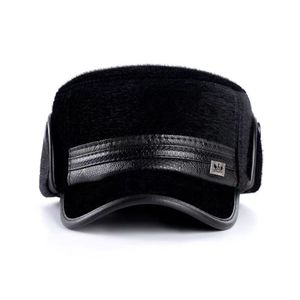 Winter Faux Fur <b>Flat</b> <b>Cap</b> For <b>Men</b> Black With Ear Flaps And Fleece Lining Warm Hat For Seniors And Dads - Product Image 4