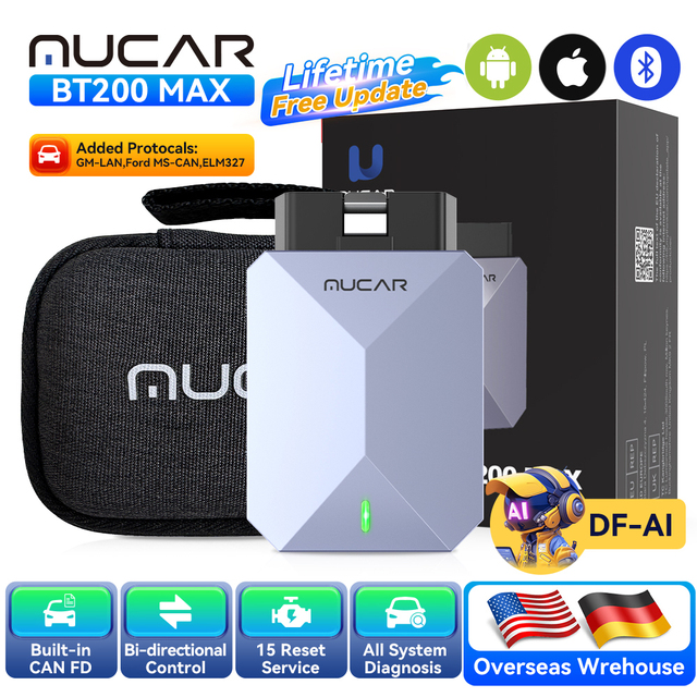 MUCAR BT200 MAX Bidirectional Automotive Tool ELM327 OBD2 Bluetooth Scanner CANFD 15 Reset Full System Free Diagnose Code Reader