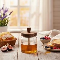 Pot à miel en verre borosilicate de haute qualité avec couvercle en bois d'acacia et cuillère en bois |   Rangement pour condiments pour la cuisine et les cadeaux