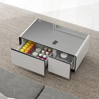 Table basse intelligente pour salon avec 2 tiroirs réfrigérants, plateau en verre trempé, ports USB, haut-parleur musical, charge sans fil