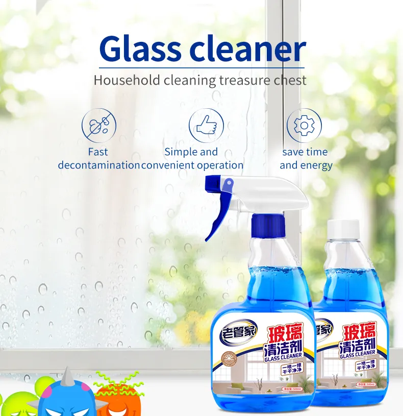 Limpeza de vidro ecológica, fabricante profissional de detergente, limpeza em massa, spray de vidro de efeitos especiais, limpador de janela