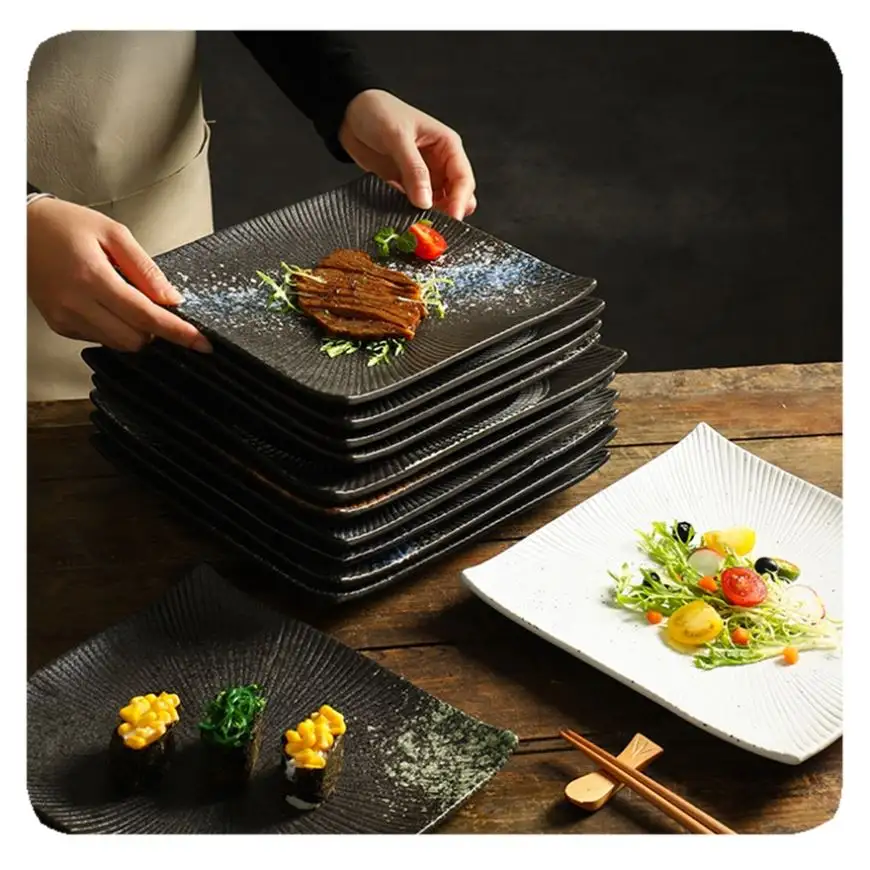 새로운 현대 일본식 화이트 블랙 스톤 그레인 대리석 접시 세라믹 초밥 접시 식기 스퀘어 디너 플레이트