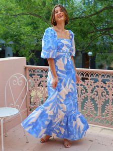 2025 Robe décontractée à col <span class=keywords><strong>bateau</strong></span>-Imprimé <span class=keywords><strong>de</strong></span> placement abstrait avec manches bouffantes complètes et mélange <span class=keywords><strong>de</strong></span> <span class=keywords><strong>lin</strong></span> aéré - Product Image 4