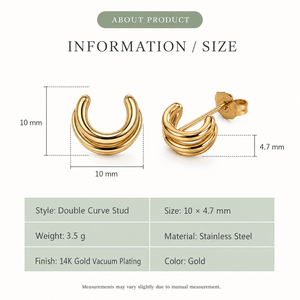 Pendientes de tuerca de doble curva, acero inoxidable con baño de oro de 14K, pequeños pendientes curvos pulidos, color oro y plata - Product Image 2
