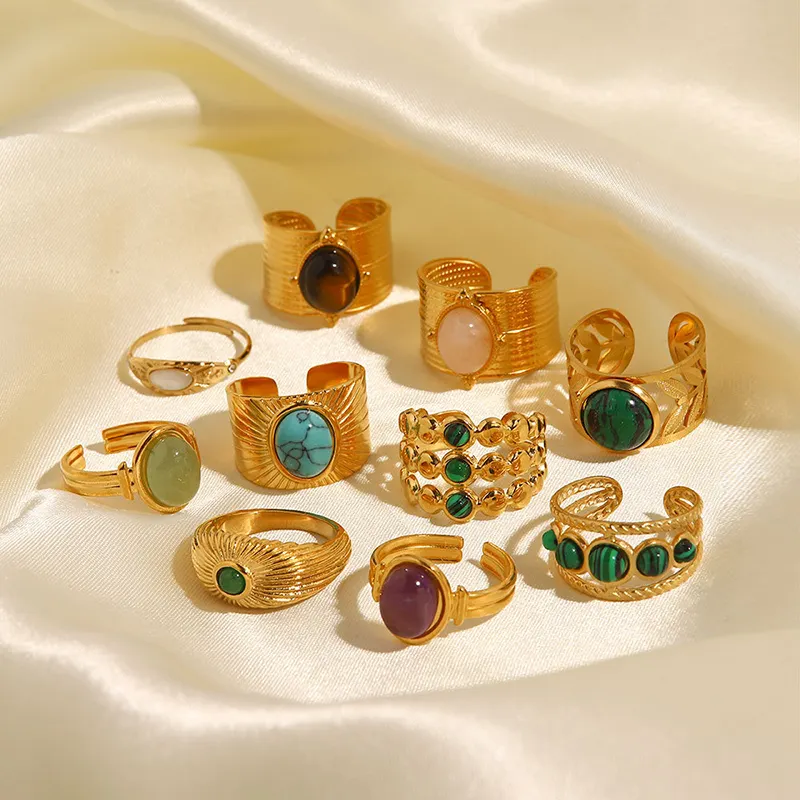 Französischer Vintage-Luxus Pfauenstein-Ring 18k Gold vergoldet Edelstahl wasserdichter Damenring
