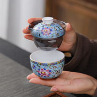 Set Teh Perjalanan Gaya Cina Berlapis Enamel Keramik Mewah Ringan Vintage Portabel Cangkir Seduh Cepat Satu Teko Dua Cangkir Set Hadiah Dehua