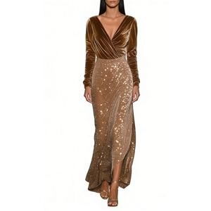 ชุดแม็กซี่สีบรอนซ์กำมะหยี่ & ปักเลื่อมสำหรับผู้หญิงเดรสทางการแขนยาวคอวีลึก - Product Image 6