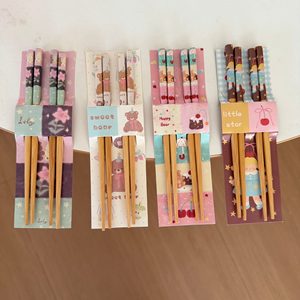 <b>Cute</b> Cartoon Floral Bamboo Chopsticks With <b>Bear</b> Prints For Kids Home Use Gift Set - Product Image 4