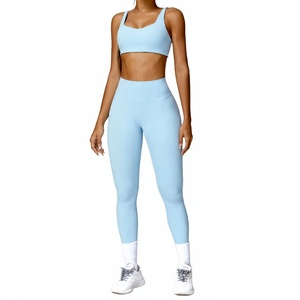 <b>Pink</b> 2-Piece Yoga Set Square Neck Long Sleeve Crop Top High Waist <b>Leggings</b> Seamless Activewear Full Length Solid Color - Product Image 3