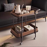 Chariot de rangement pliant en cuir et bois de luxe léger, avec étagère à trois niveaux réglable pour café et snacks, sur roulettes