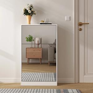 Design personnalisé, moderne, blanc, 3 niveaux, organisateur <span class=keywords><strong>fermé</strong></span>, étagère à chaussures en bois ultra mince et rabattable, armoires à chaussures avec miroir - Product Image 1