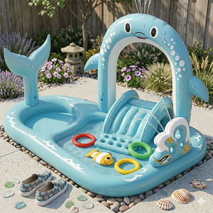 Centro de Juegos Inflable con Tobogán y Aspersor, Piscina Infantil con Temática Oceánica, Piscina Inflable de Verano para Jardín - Product Image 4