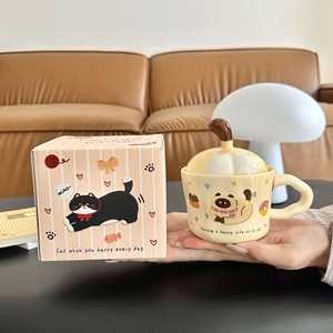 Tasse en céramique avec couvercle et poignée, motif queue de chat mignon, pour café, lait, cadeau pour femme, usage au bureau - Product Image 1