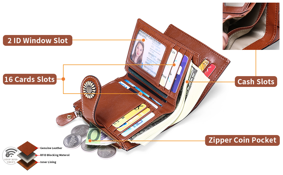SENDEFN Small Women Wallet Genuine Leather Bifold Purse with ID Window card holder