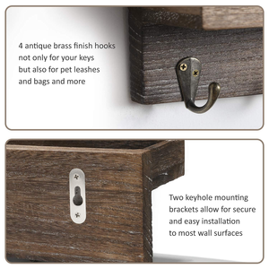 <span class=keywords><strong>Porte</strong></span>-clés mural moderne en bois rustique, organiseur de courrier, étagère flottante à trois niveaux, 4 crochets métalliques, entrée, couloir, chambre, bureau - Product Image 2