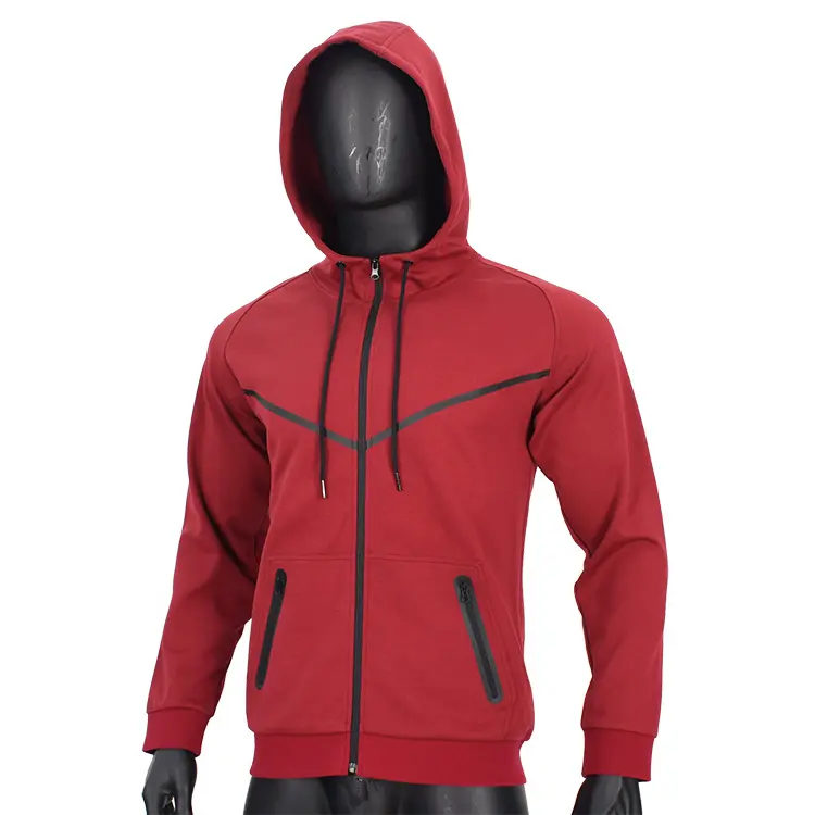 Grosir Beli Online French Terry Kelas Berat Pria Merah Polos 100% Katun Seluruh Sisi Cetak Kustom Ritsleting Penuh Hoodie dengan Saku