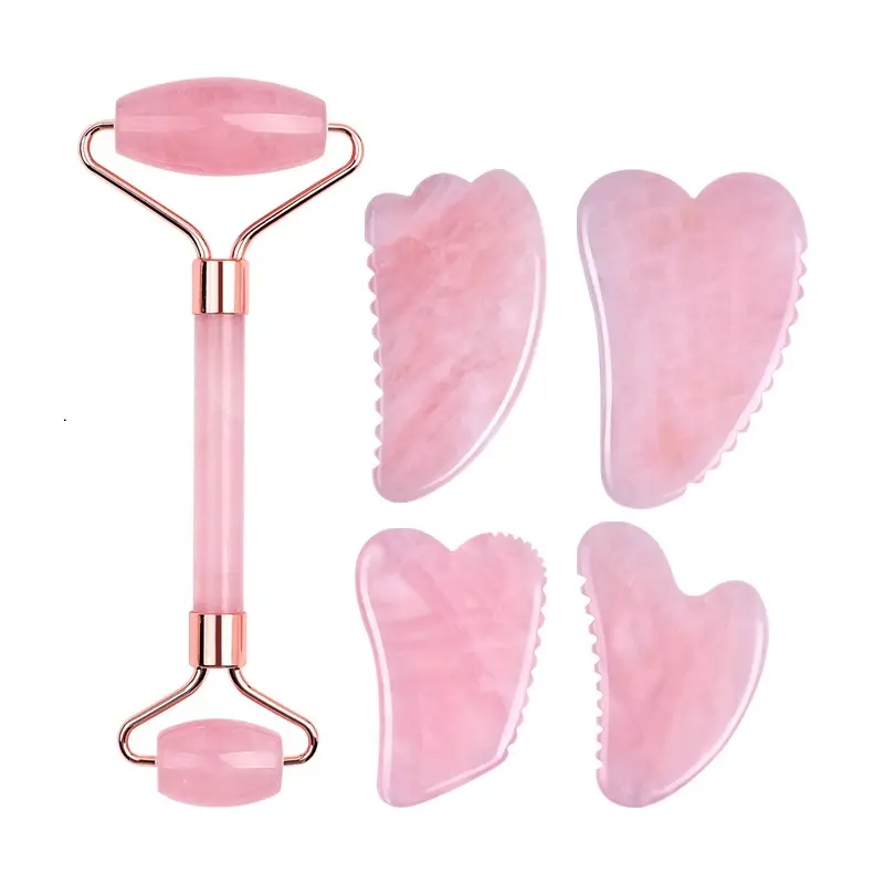 Custom Logo Rose Quartz Face Roller And Jagged Guasha Massage Kit Natural Pink Crystal Jade Stone Facial Roller And Gua Sha Set