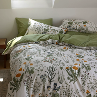 Ensemble de drap-housse en coton avec bordure bleue et motif botanique imprimé de luxe croquant et doux ensemble de literie à 200 fils