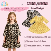 Robe tendance pour enfants à imprimé léopard intégral, manches 3/4, col rond, taille élastique, style évasé, robe cadeau pour filles, personnalisation possible