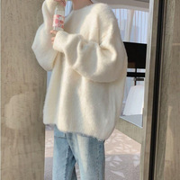 Pull-over ample à col rond pour femme, en maille brossée douce et duveteuse, à manches longues, texture moelleuse, idéal pour la superposition