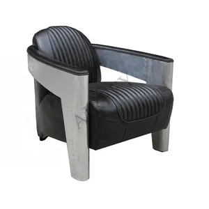항공 알루미늄 및 빈티지 가죽 커버 암 의자 거실 가구 사무실 빌라 금속 알루미늄 암 의자