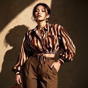 Women's Striped Balloon Sleeve Blouse Shirt Collar Loose Fit With Pocket And Tie Waist Casual <b>Top</b> Full Sleeve Chiffon Material - Product Image 1