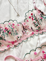 Set Lingerie Bordir Bunga Bordir Bordir Bunga Grosir, Set Bra Kawat dan Thong Jaring Transparan Seksi 2 Potong, Pakaian Dalam Pink Romantis