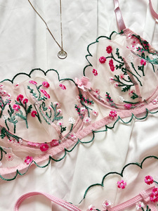 Wholesale Floral Embroidery Lace Lingerie <b>Set</b> <b>Sexy</b> Sheer Mesh Underwire Bra and Thong <b>Set</b> 2 Piece Romantic Pink Intimates - Product Image 5