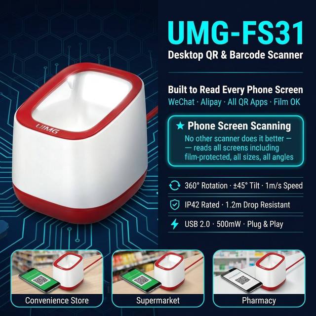 FS31 Fast Decode Omnidirectional Desktop 1D2D Barcode Scanner ±45° Screen QR Code USB Reader for Convenience Store E-Payment POS