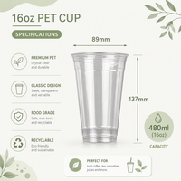 Gobelet en plastique PET transparent jetable de 89 mm de diamètre, 16 oz, avec logo personnalisé, pour boissons froides, thé à bulles, café glacé, jus à emporter