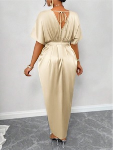 Tinta unita satinato <span class=keywords><strong>con</strong></span> scollo a V a maniche corte e <span class=keywords><strong>spacco</strong></span> elegante gonna lunga per <span class=keywords><strong>abito</strong></span> da donna - Product Image 5