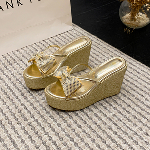 The Latest Hot Selling 2023 Fashion Breathable Outdoor Wedge Heel <b>Sequin</b> Bow High Heels Sexy Sandals - Product Image 4