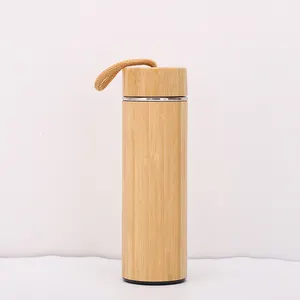 Termos Vakum Baja Tahan Karat dengan Filter Teh Dinding Ganda Terisolasi Botol Air Bambu