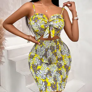 Wholesale 2024 Floral Printed Women's Summer Bodycon Dress Casual Sleeveless Spaghetti Strap Dress Smocked Tiered Cut out Dress